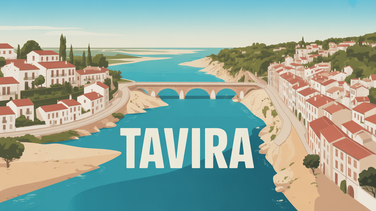 Vue stylisée de Tavira Portugal, maisons blanches, pont, lagunes