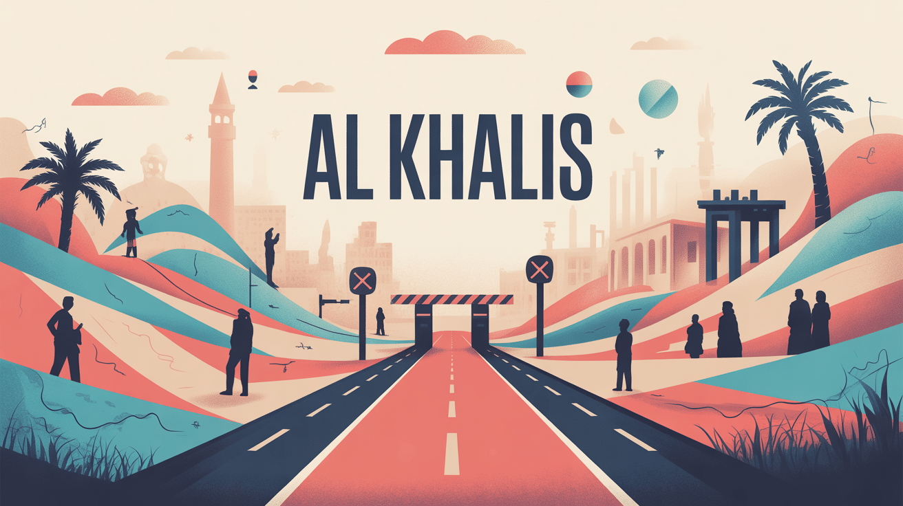 Illustration de Al Khalis avec routes, population et défis humanitaires