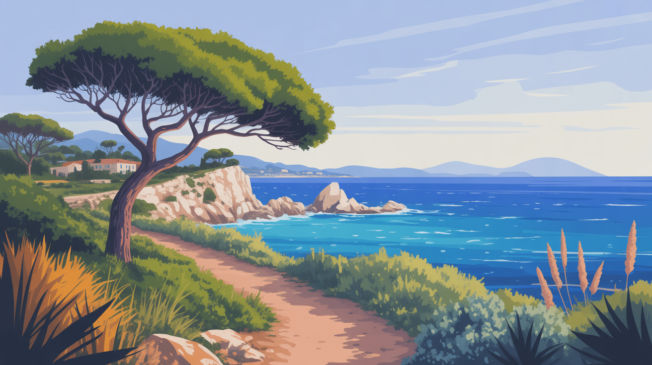 arbre sentier de tire poil vue globale cap antibes falaises mer végétation