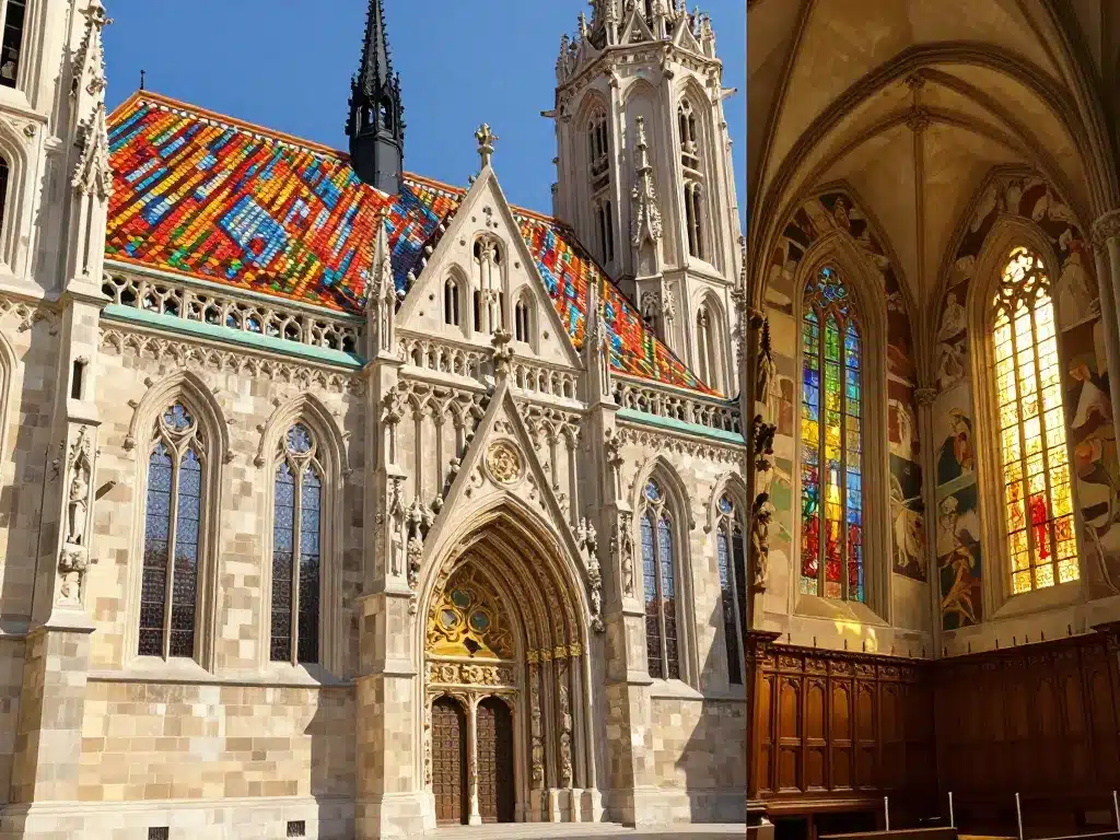 vue intérieure et extérieure de l'église notre-dame-de-l'assomption de budavár