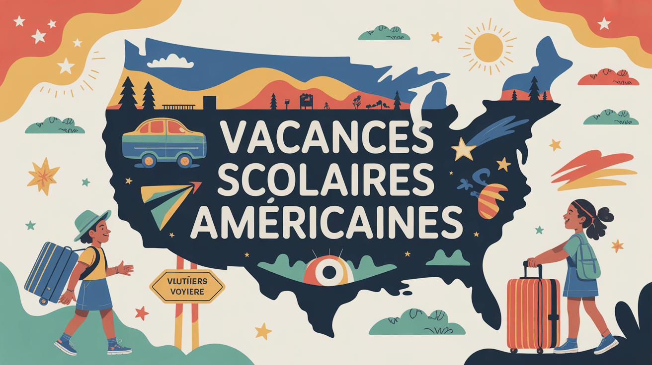 Carte stylisée et familles sur les etats unis vacances scolaires