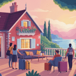 guesthouse illustration maison d'hôtes avec voyageurs ambiance conviviale