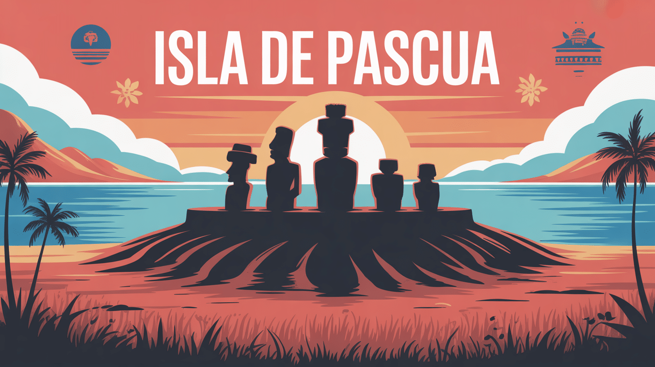 Illustration vectorielle Isla de Pascua moaï volcan et océan
