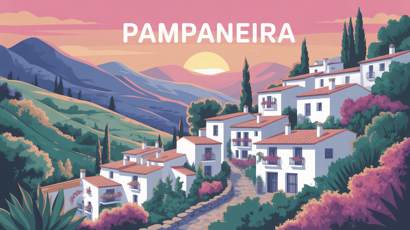 Vue illustrée de pampaneira au crépuscule montagnes maisons blanches