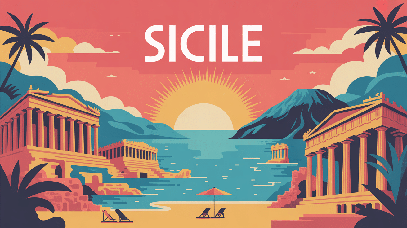 Que voir en Sicile illustration vectorielle temples volcan plages baroques