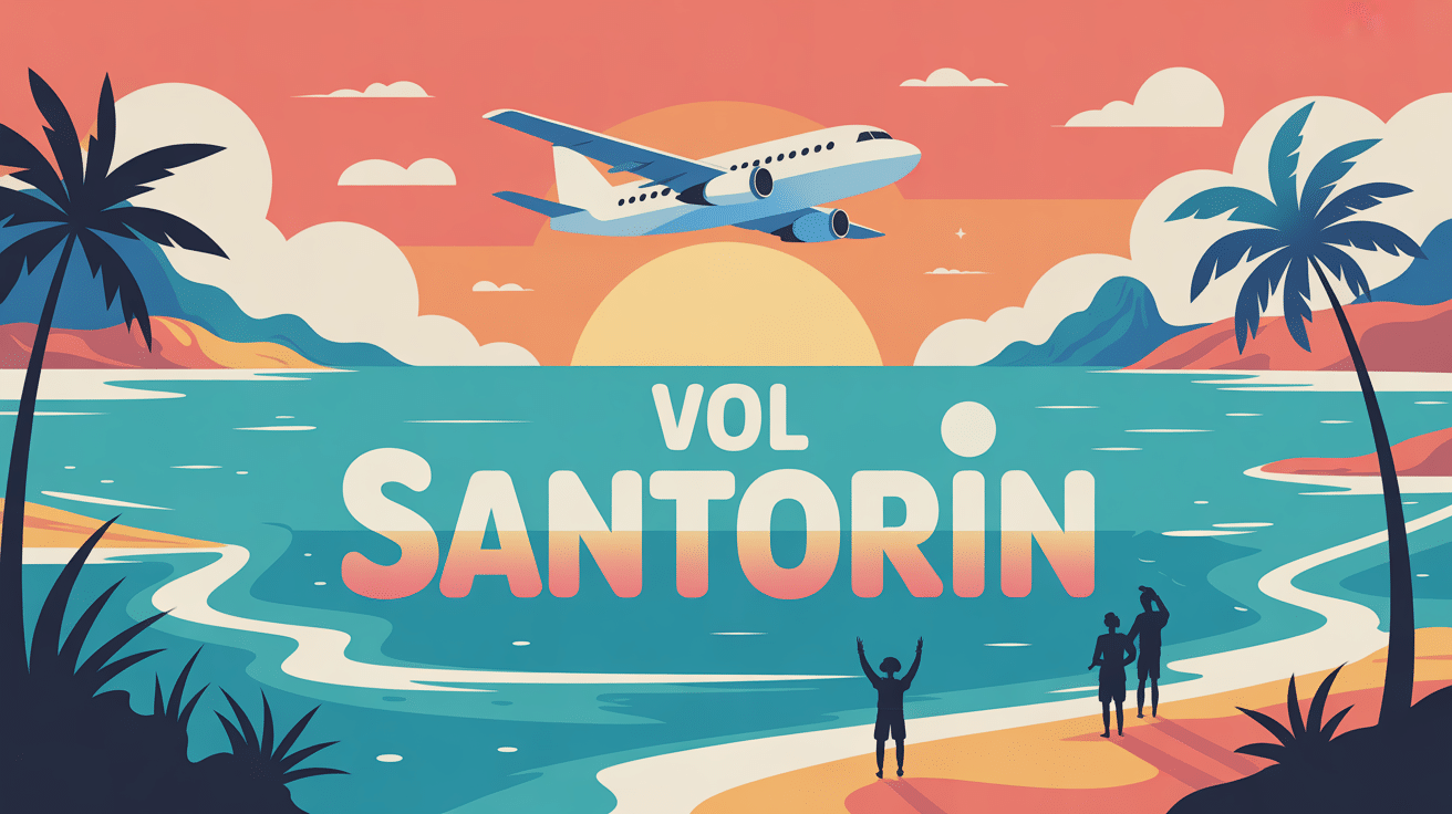 vol santorin avion mer turquoise illustration
