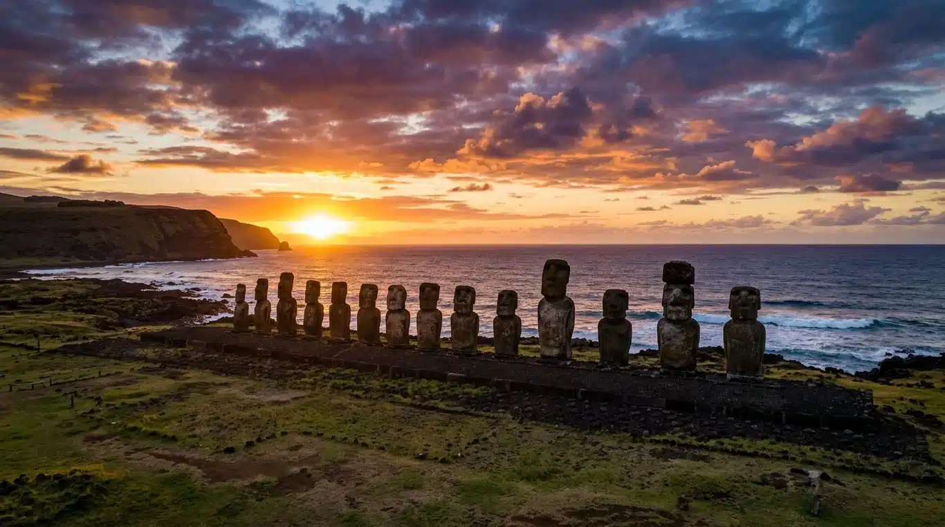 Statues Moaï sur l'île de Pâques au coucher du soleil