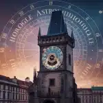 Illustration horloge astronomique de Prague style médiéval avec symboles astrologiques