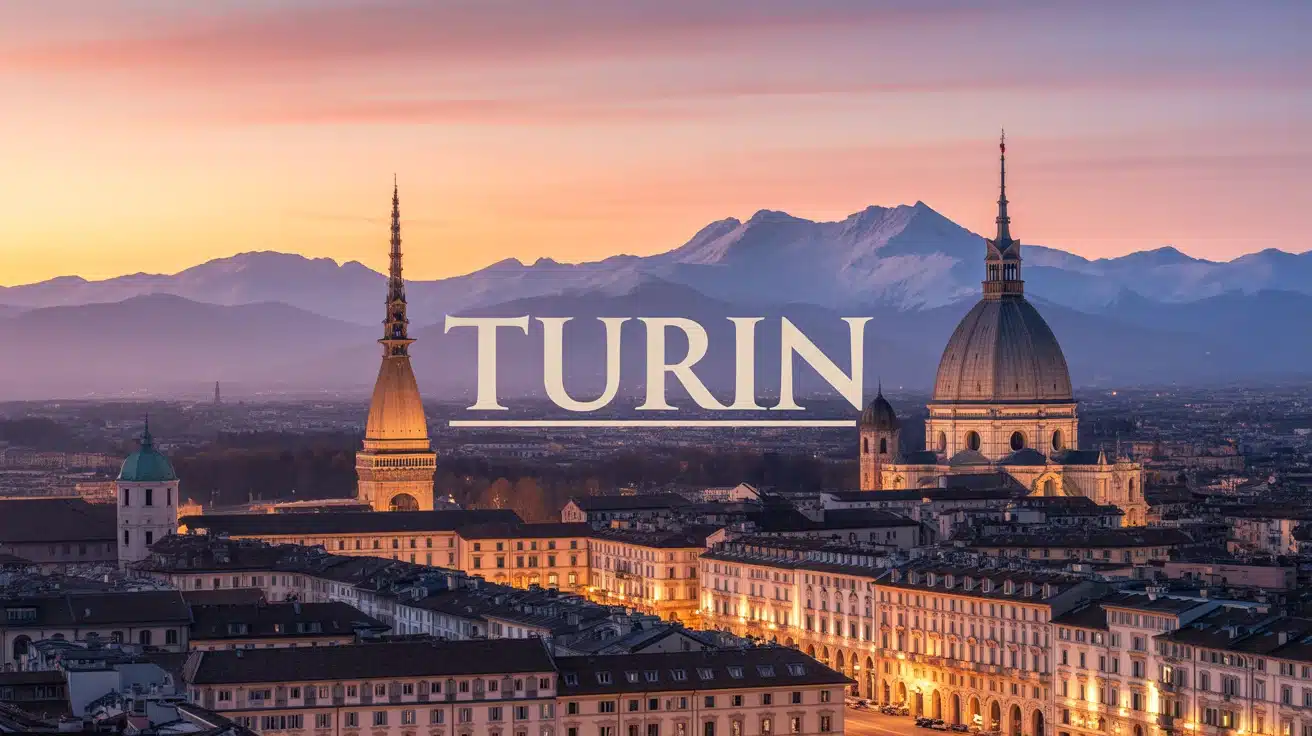 Vue vectorielle de Turin avec Mole Antonelliana et Alpes au crépuscule