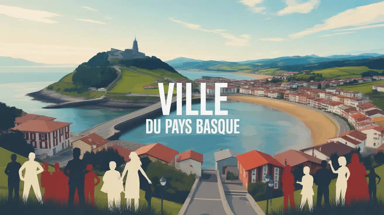 Illustration vectorielle ville du Pays Basque avec mer montagnes maisons rouges