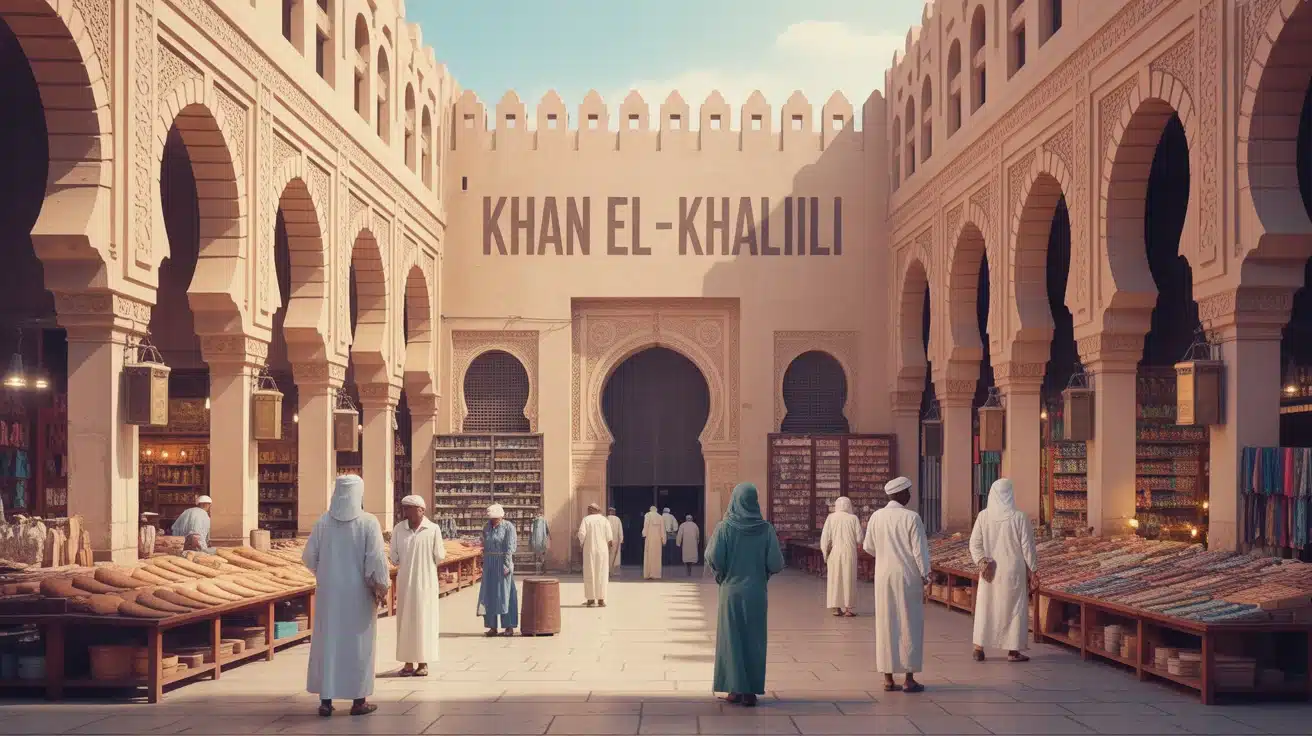 Illustration du bazar Khan el-Khalili au Caire avec arches et étals