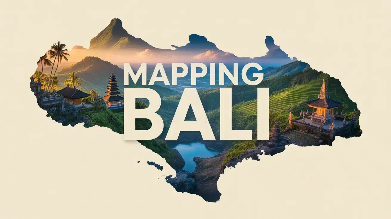 Illustration vectorielle carte artistique de Bali avec temples et rizières