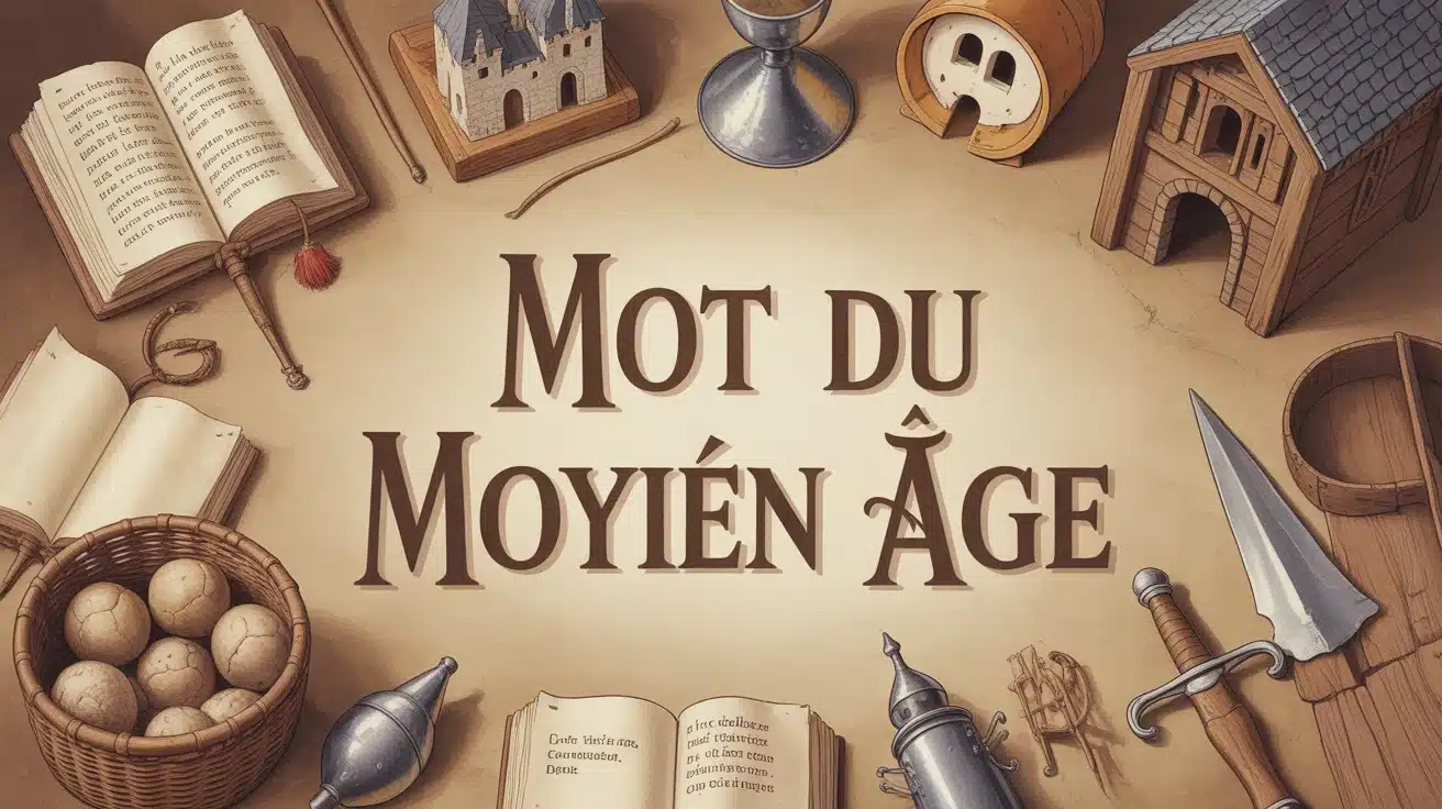 illustration mot du Moyen Âge avec parchemins et château médiéval