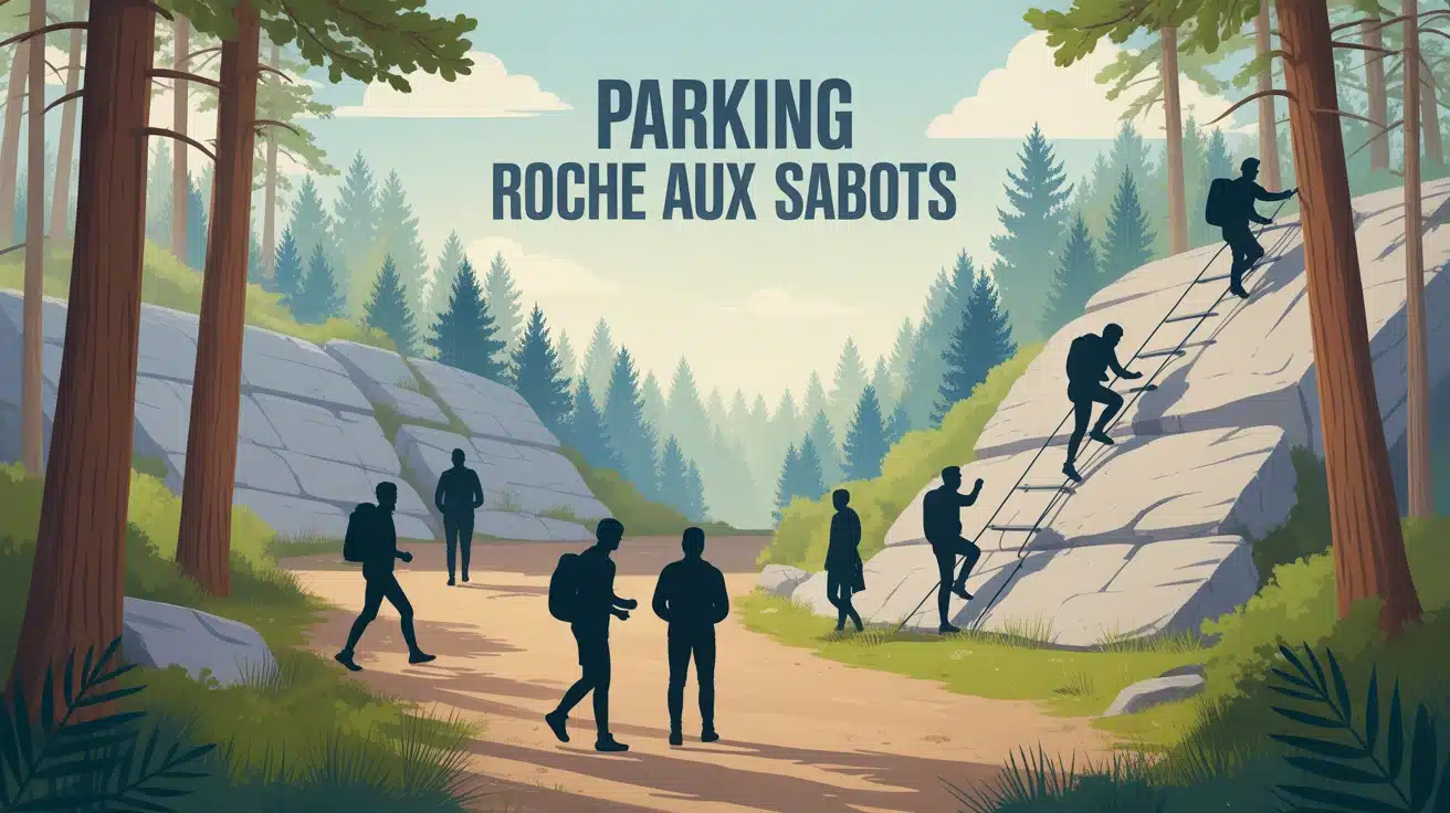 Illustration parking Roche aux Sabots avec pins et blocs de grès