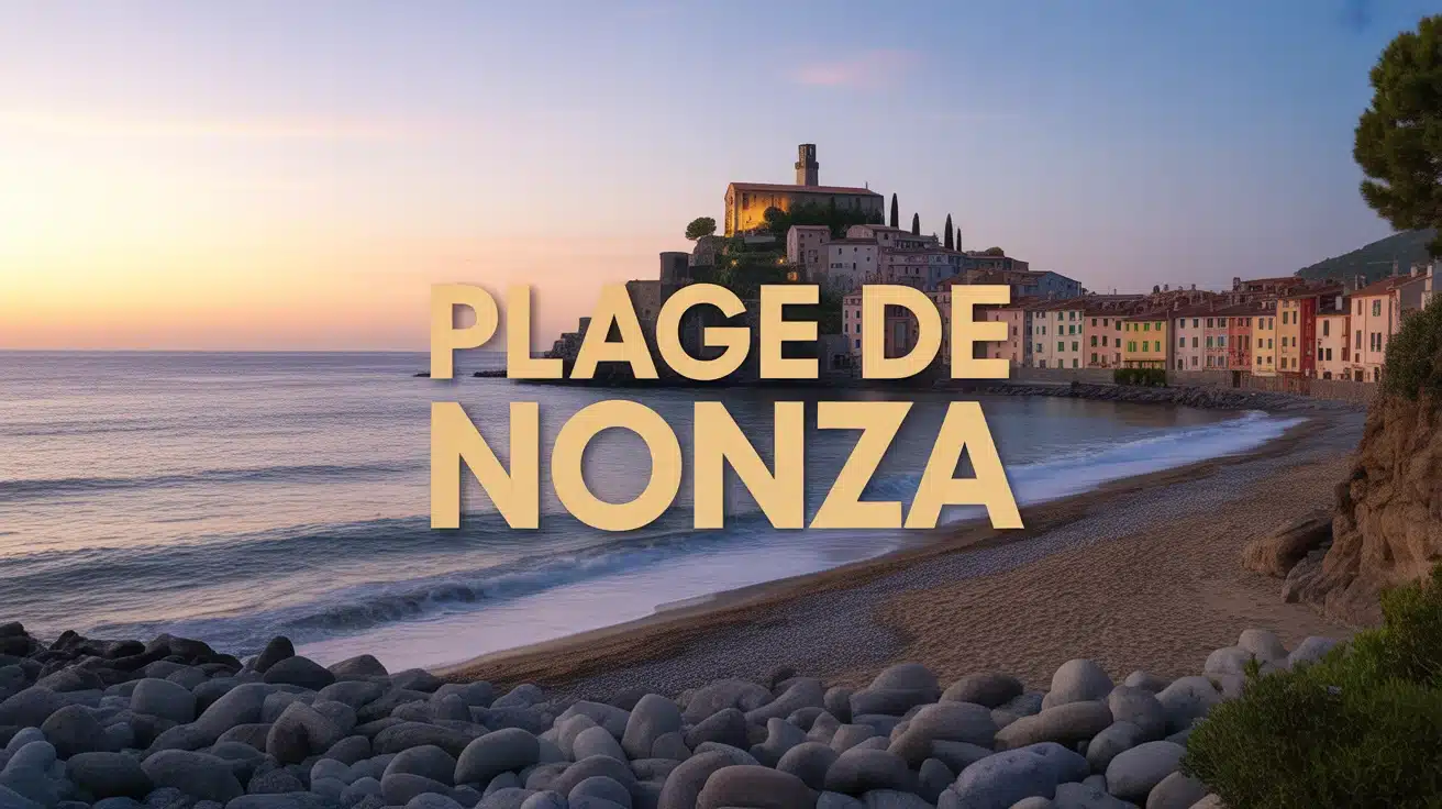 Plage de Nonza avec galets et village médiéval en arrière-plan