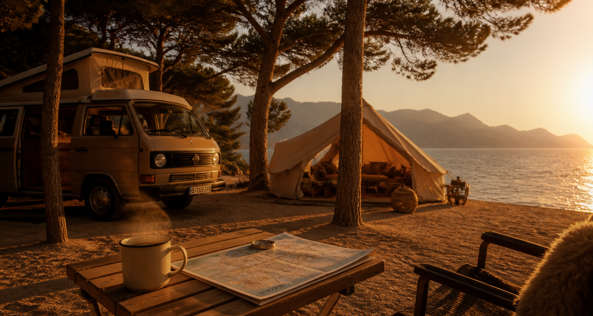 camping palma de majorque van tente plage coucher de soleil