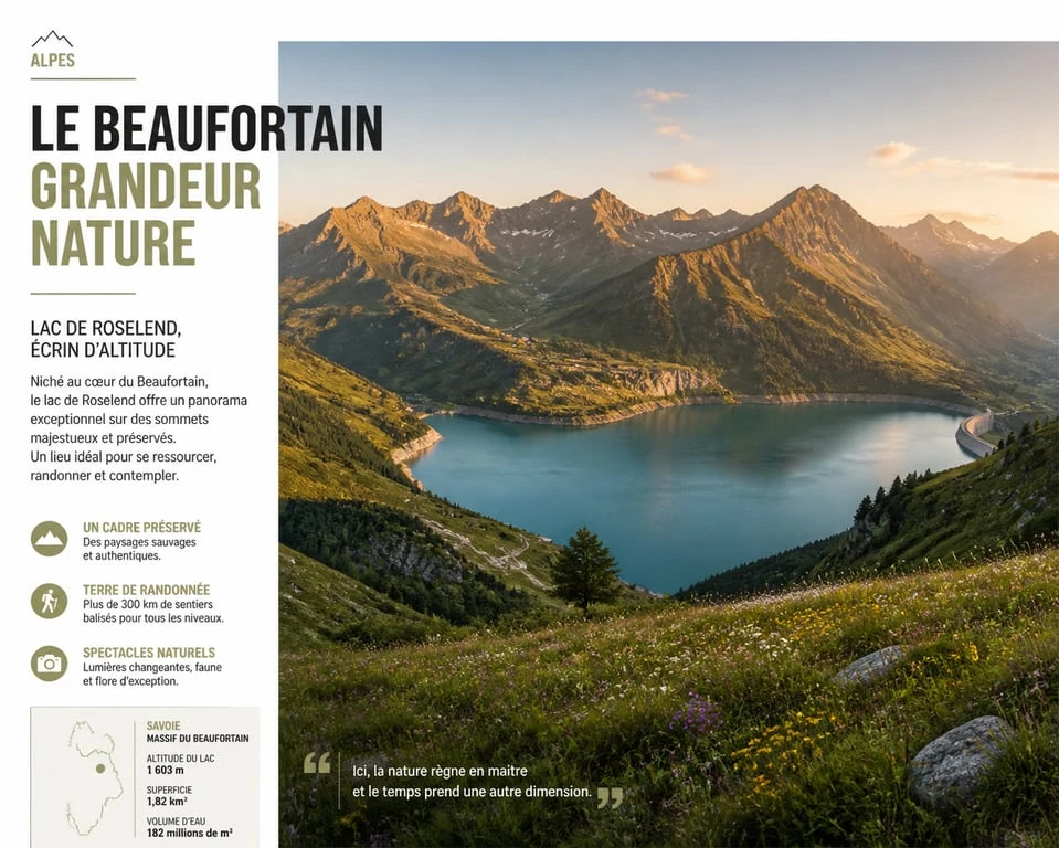 Vue panoramique du lac de Roselend et des sommets du Beaufortain, destination idéale pour la randonnée en Savoie.