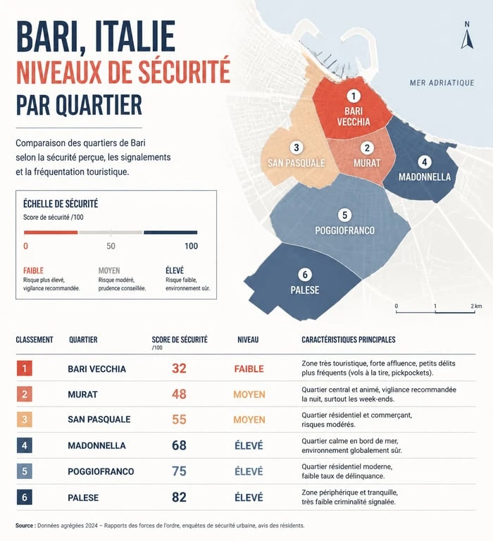 Infographie des niveaux de sécurité par quartier à Bari pour les voyageurs