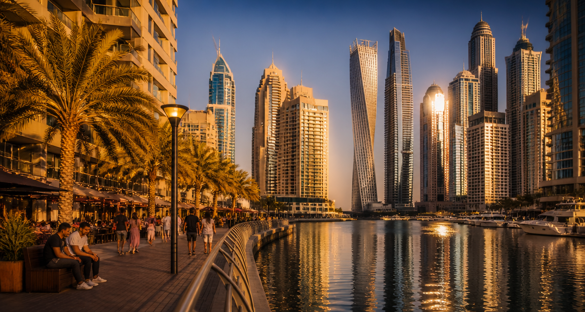marina a dubai promenade et gratte-ciel au coucher du soleil