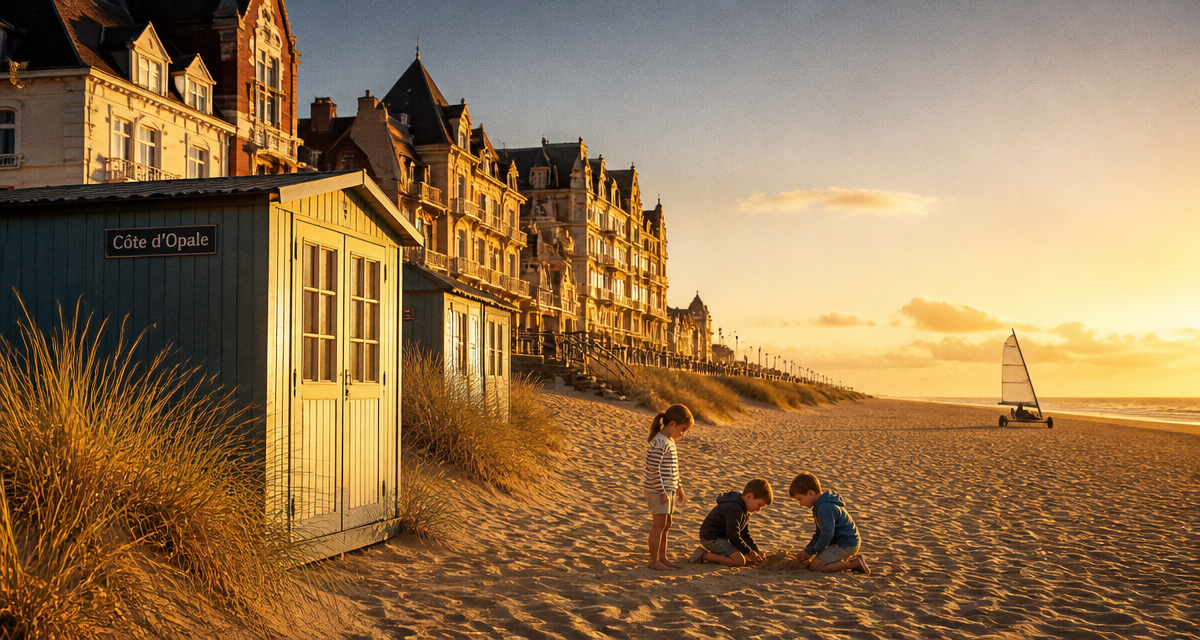 Plage du nord avec cabane colorée et enfants