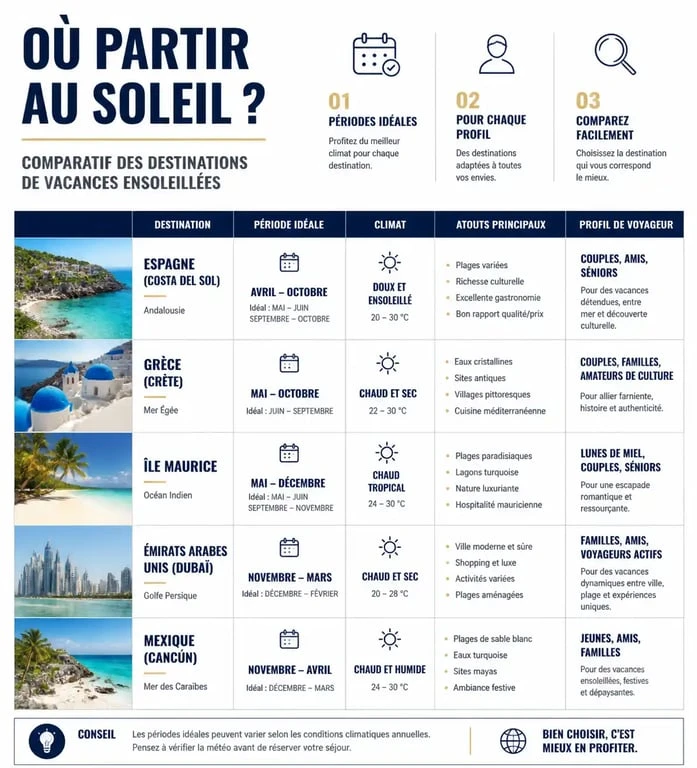 Infographie comparative des meilleures destinations pour des vacances au soleil selon la saison et le profil de voyageur
