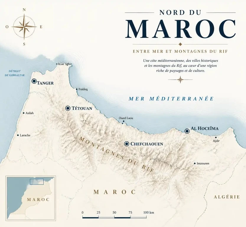 Carte du nord marocain illustrant les principales villes et le relief du Rif