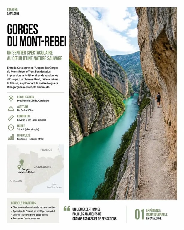 Vue panoramique du sentier des gorges du Mont-Rebei, un site naturel spectaculaire à la frontière entre la Catalogne et l'Aragon.