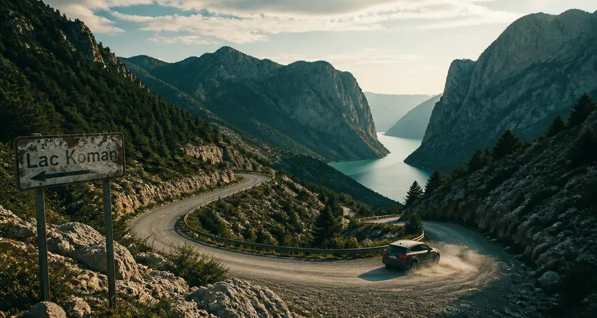 Quoi voir en Albanie : route en lacets vers le Lac Koman, vue montagne et mer ionienne