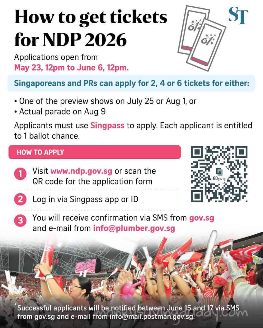 NDP 2026 tickets application guide with Singaporean PRs and Singpass instructions.