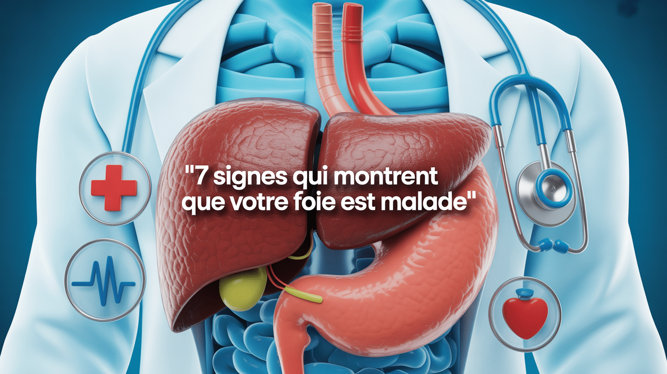 illustration medicale style 3D du foie humain avec symboles medicaux 7 signes du foie malade
