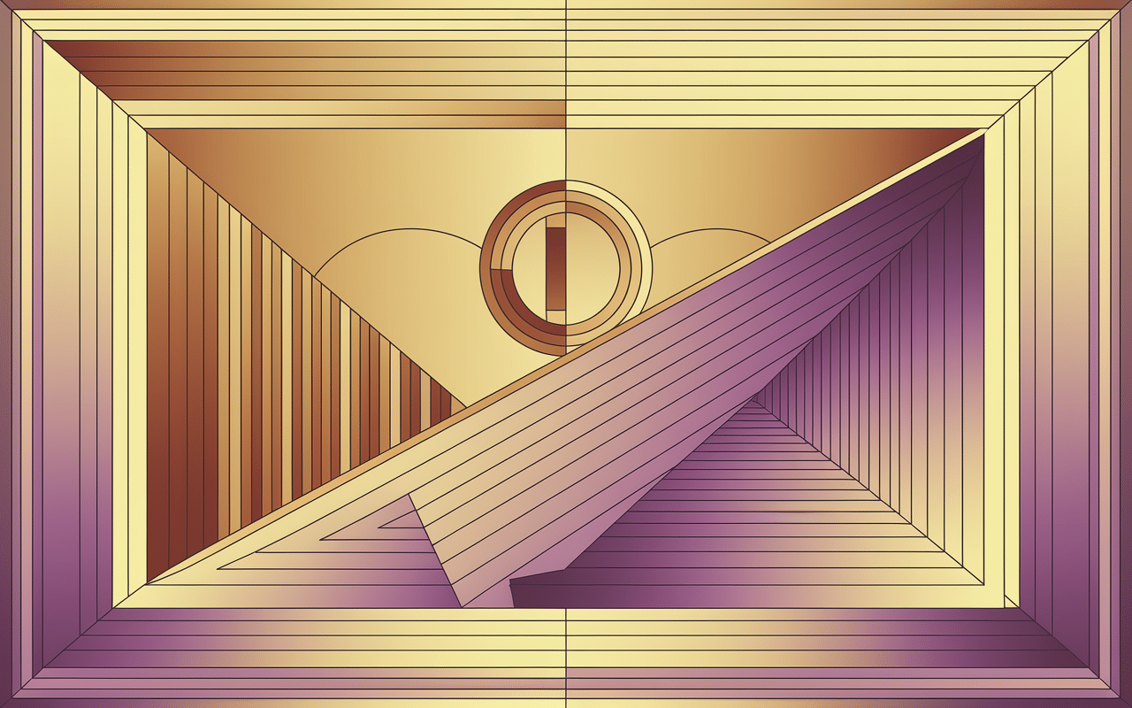 Deux carrés dorés symbolisant la stabilité et le mouvement du chiffre 44