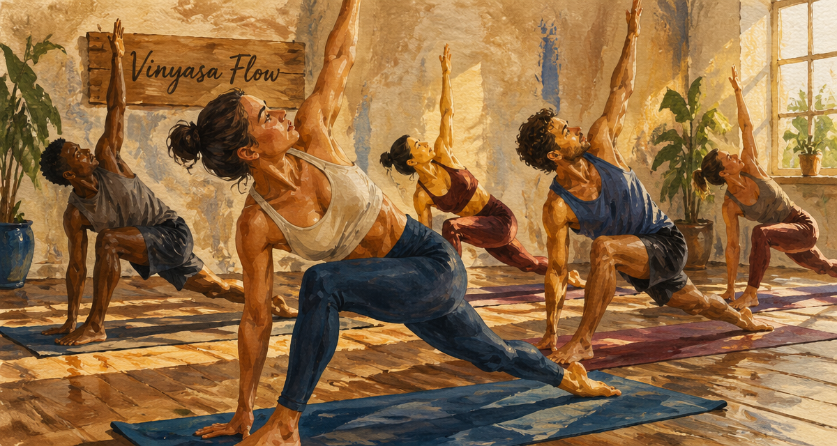 groupe pratiquant vinyasa yoga en transition