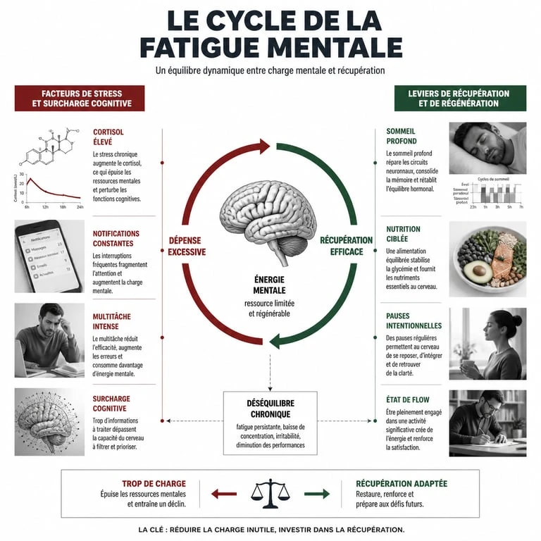 Infographie sur les causes de la fatigue mentale et les solutions pour retrouver de l'énergie mentale