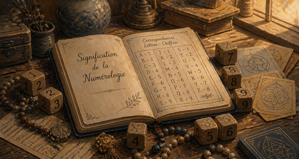 signification numérologie carnet et dés en bois