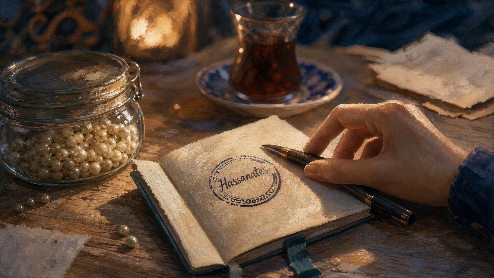 Hassanate : carnet et cachet encreur sur table, perles et récompense spirituelle