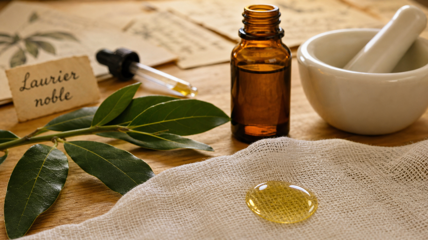 Huile essentielle de laurier noble utilisation : goutte sur gaze, fiole ambrée et laurier noble