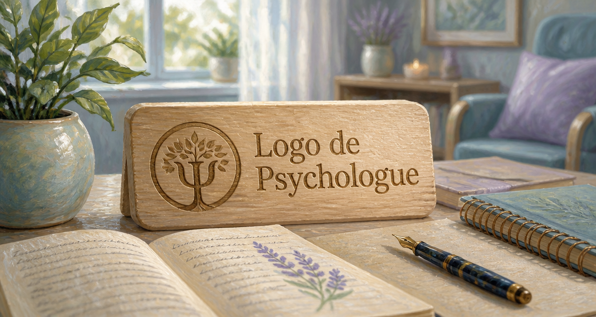 logo psychologue sur plaque bois dans cabinet lumineux