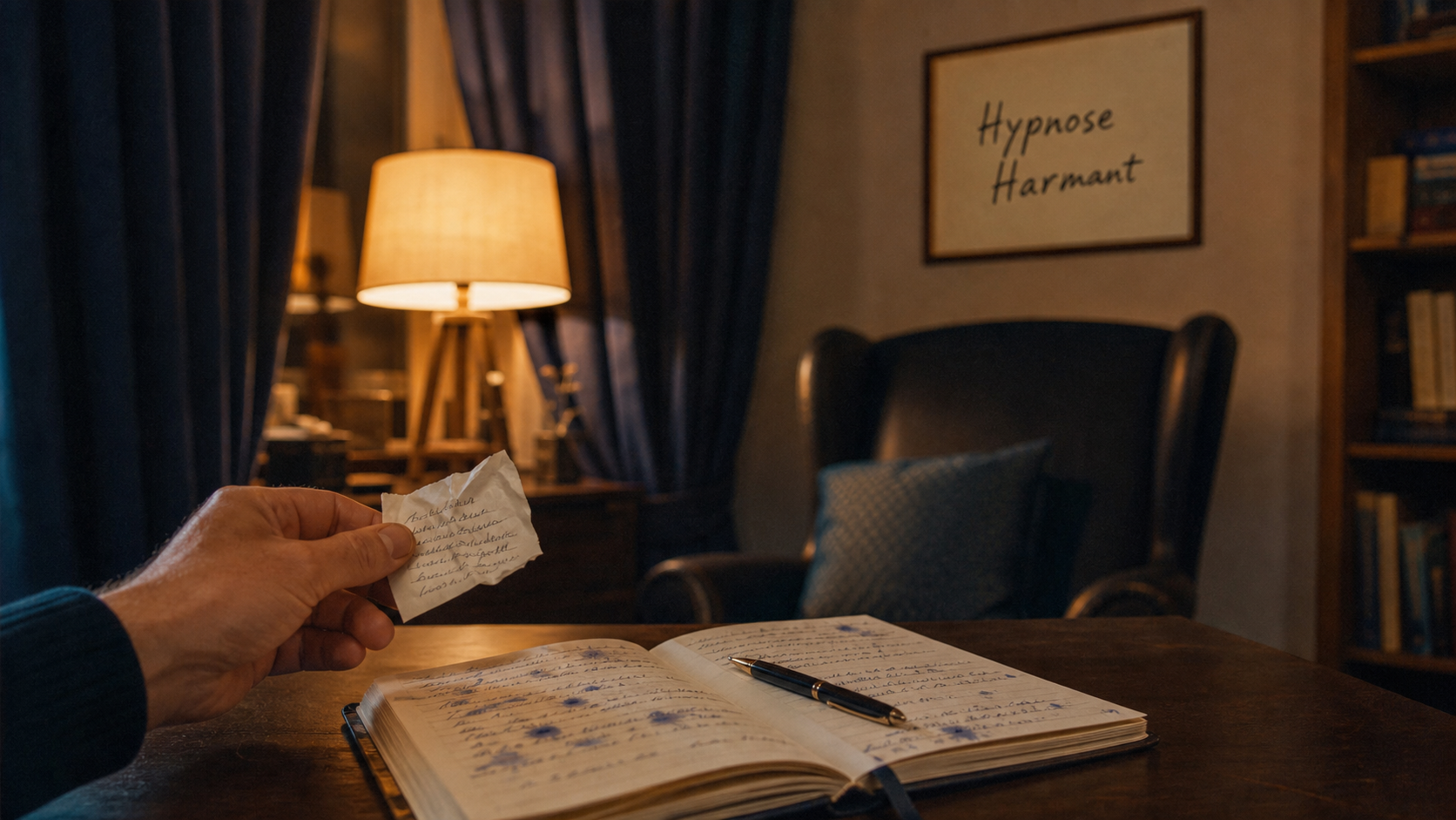Pierre Harmant hypnotherapeute : carnet et stylo sur bureau sombre, hypnothérapie clinique