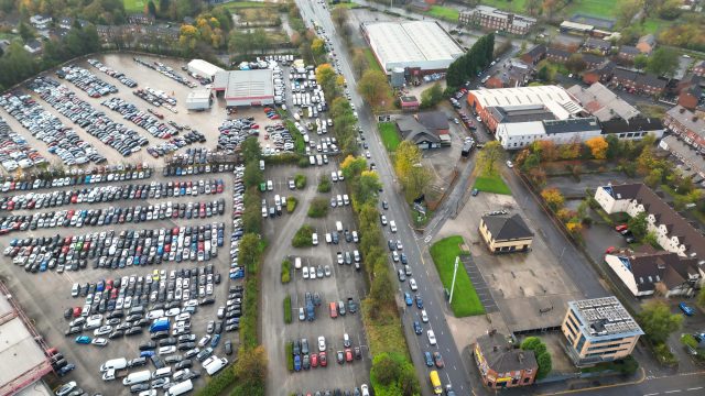 Aerial View of Manchester City During Autumn Season and Cloudy Day over England Great Britain.