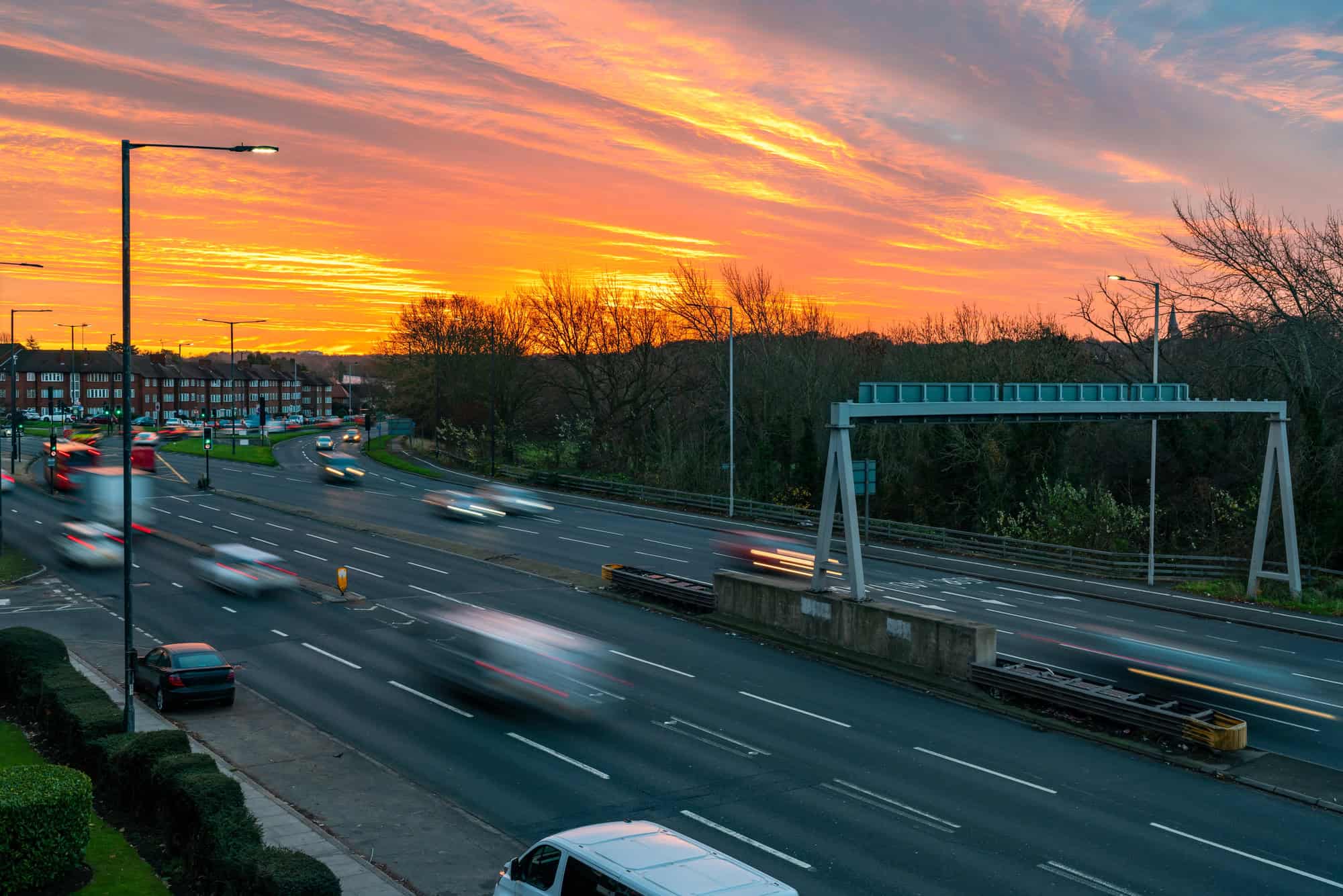 Dramatic sunrise over North Circular Road in London, UK