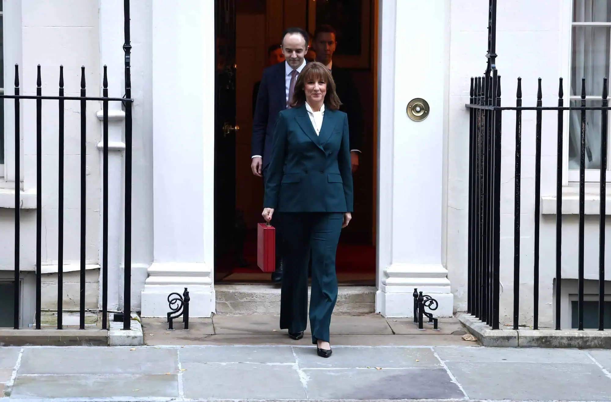 London, United Kingdom - November 26, 2025. Chancellor of the Exchequer, Rachel Reeves poses with the red Budget Box as she leaves 11 Downing Street.