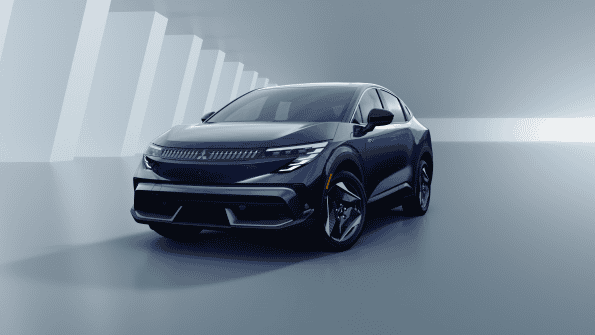 2027 Mitsubishi Eclipse Sportback electric SUV in blue, front three-quarter view