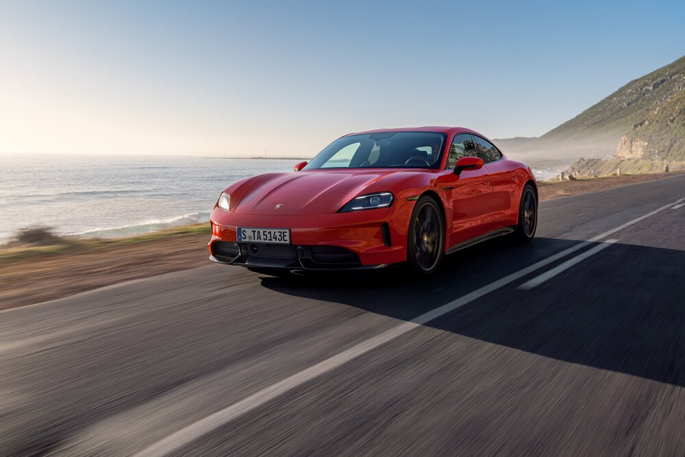 2027 Porsche Taycan GTS on a coastal road