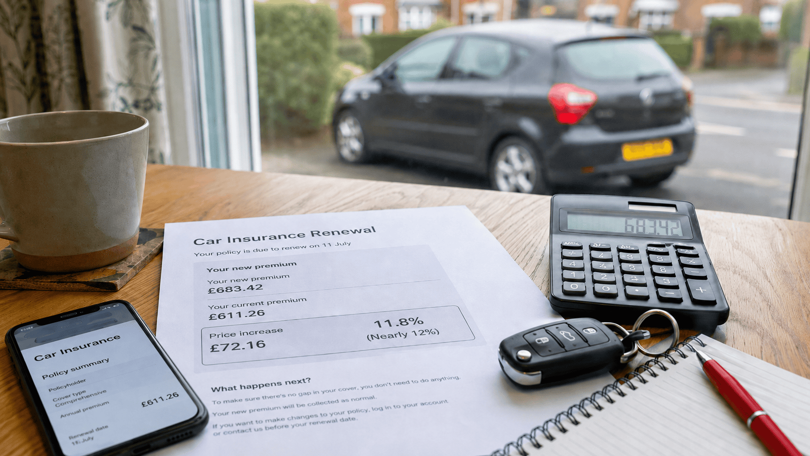 Cluttered desk with Car Insurance Documents, mug, pen and calculator. The renewal costs are significantly higher than last year