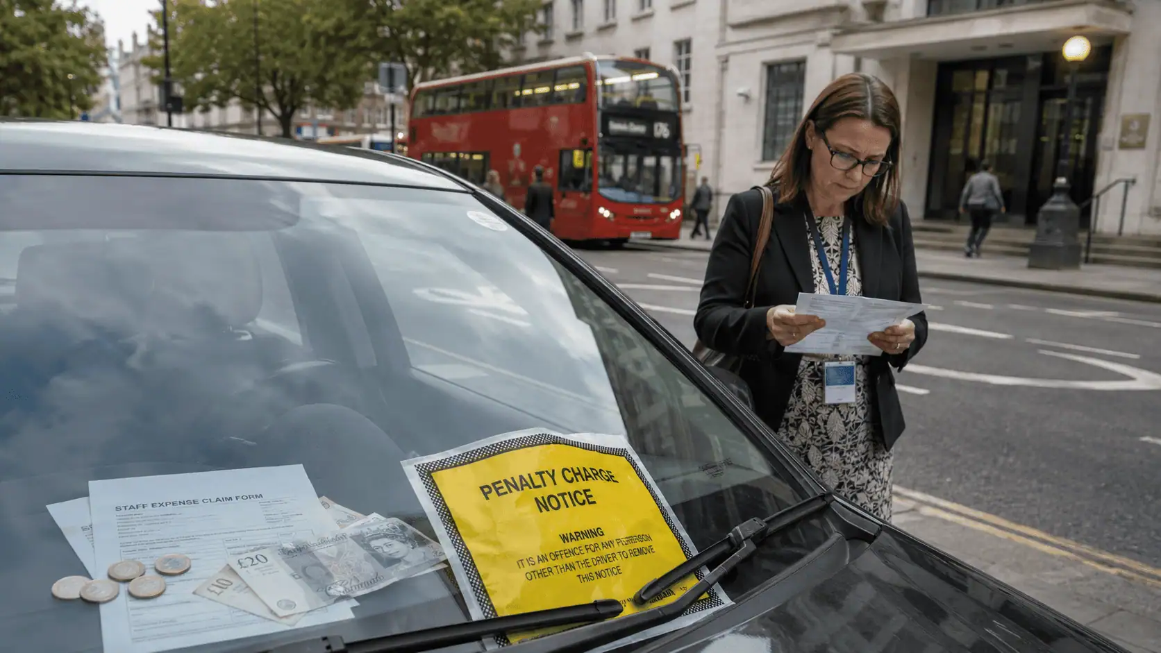Woman with lanyard ID reads over a notice as she stands on the roadside beside her car. A parking infringement is attached to the windscreen. Inside on the dash is a blank form for Staff Reimbursement Claim and some pound notes and coins.