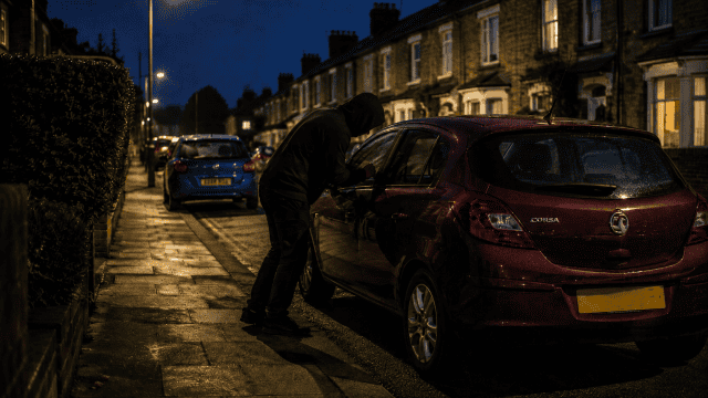 Suspicious-figure-by-parked-car-at-night breaking in