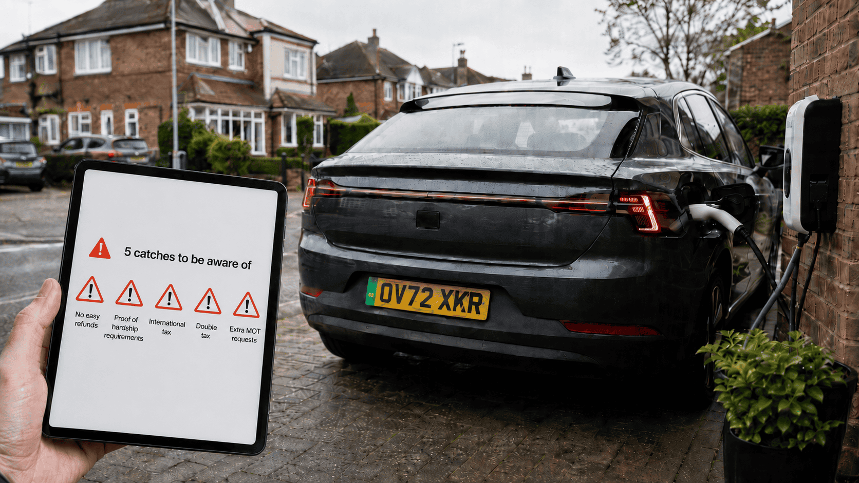 Electric car getting charged in a home driveway with a person holding a screen showing 5 warning alert symbols