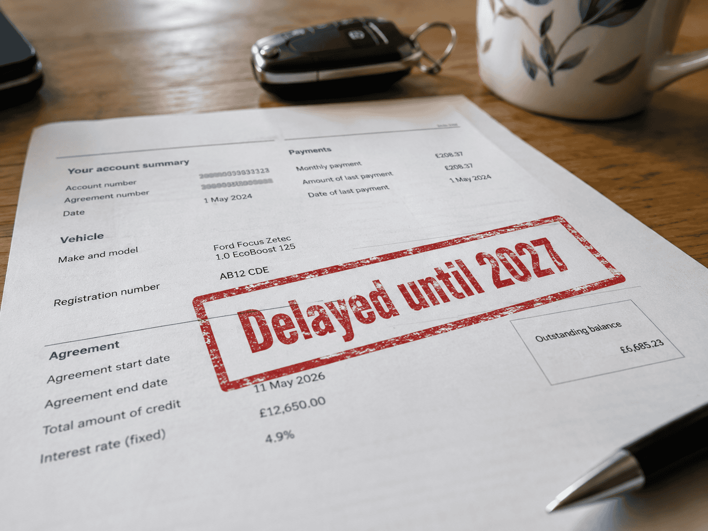 This is a sample document only, featuring payment owned with a red stamp over the balance stating that the payment is delayed until 2027