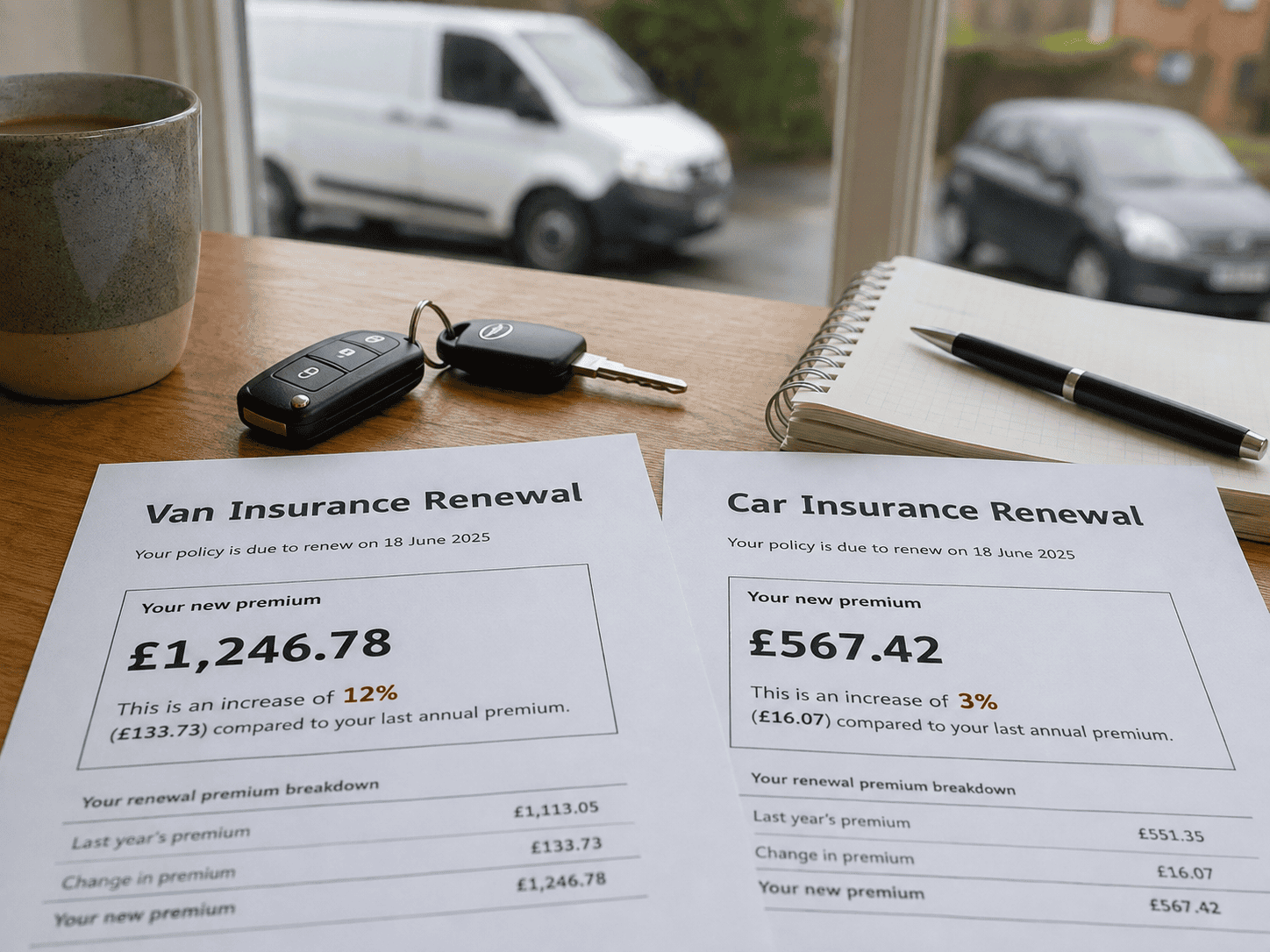 Insurance Renewal Papers comparing van and cars along with Keys.