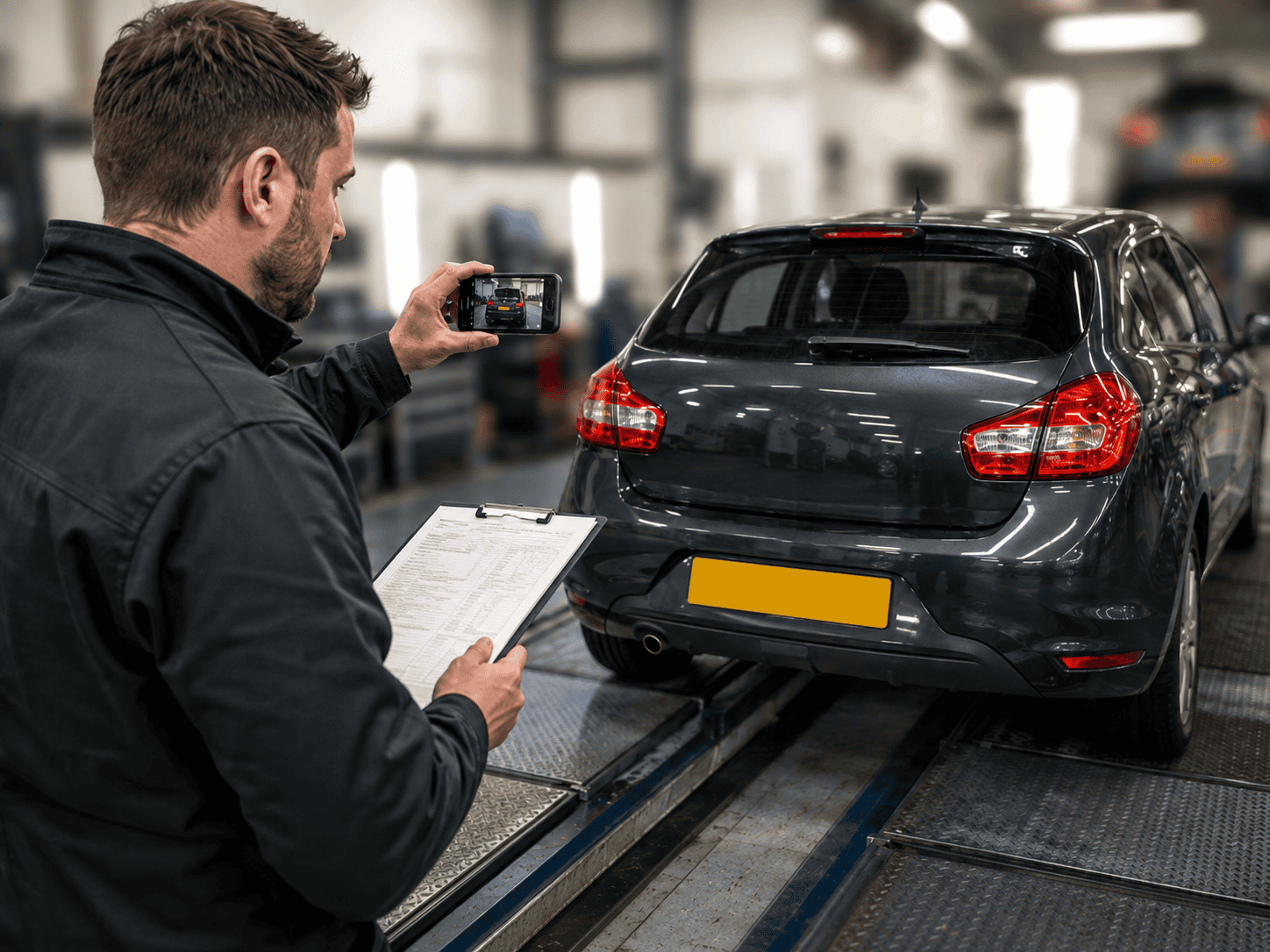 A mechanic with clipboard and checklist takes a photo of car he is assessing in the garage
